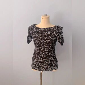 Anthropologie Little Yellow Button Polka Dot Top puff sleeve black size small